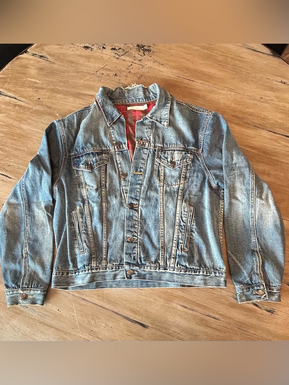 MNML Blue Denim Jacket with Red Plaid Lining